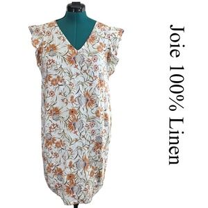 Joie Dress Women L White Orange 100% Linen Floral Ruffle Sleeve Boho Shift Tunic